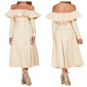 Cutely Covered Beige Long Sleeve Off Shoulder Midi Dress